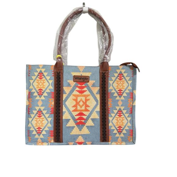 NWT! Wrangler Southwestern Pattern Dual Sided Print Canvas Wide Tote - Picture 3 of 9